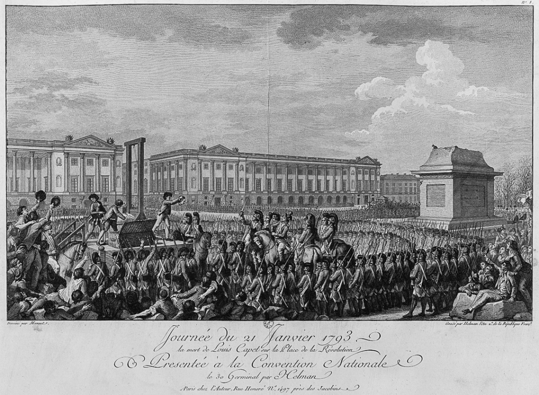 Lễ xử tử vua Louis XVI. Bên phía phải là chân bệ của tượng đài vua Louis XV